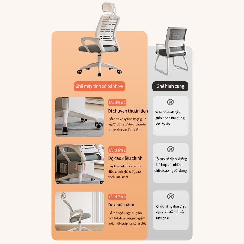 Ghế xoay văn phòng 360 độ cao cấp có gối, nệm mềm, tựa lưng lưới thông thoáng sạch sẽ