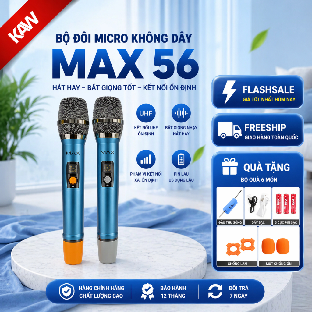 Micro Không Dây Đa Năng Cao Cấp MAX 56, Micro đôi hiện đại,chống hú, chống tạp âm, Pin Trâu