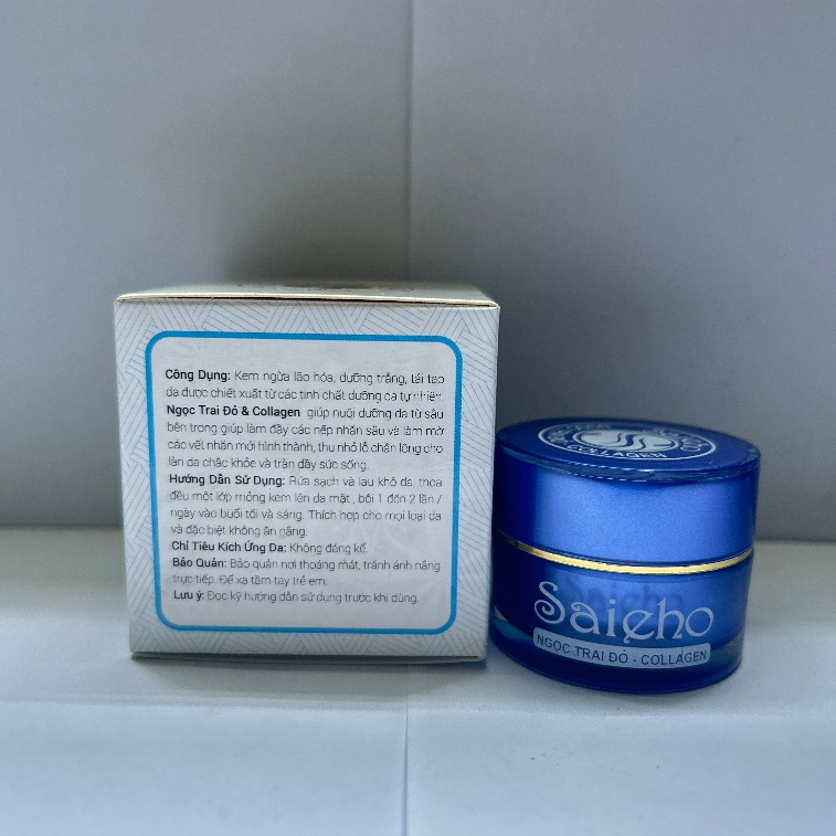 Kem Face Saieho (Trắng-Xanh) Ngọc Trai Collagen Dưỡng Ẩm, Giảm Nhăn, Da Sáng Mịn 10g