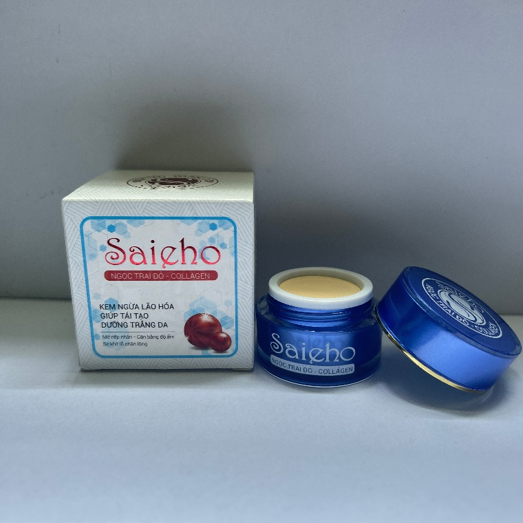 Kem Face Saieho (Trắng-Xanh) Ngọc Trai Collagen Dưỡng Ẩm, Giảm Nhăn, Da Sáng Mịn 10g
