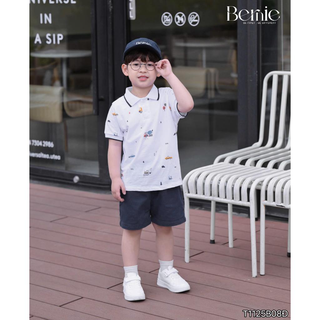 (Hãng Bernie)Bộ quần áo polo cộc tay họa tiết XE tinh nghịch,chất áo cotton co giãn phối quần kaki mềm mại cho bé đi học