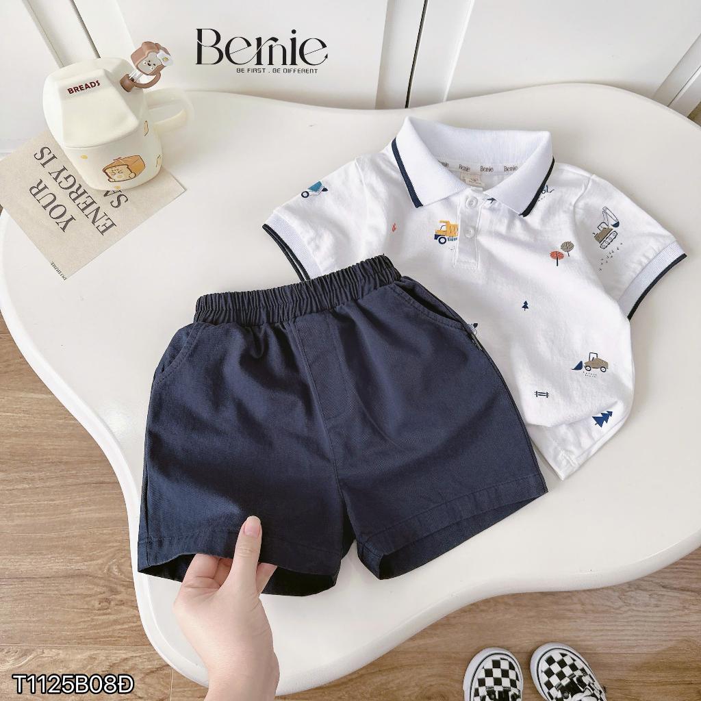 (Hãng Bernie)Bộ quần áo polo cộc tay họa tiết XE tinh nghịch,chất áo cotton co giãn phối quần kaki mềm mại cho bé đi học