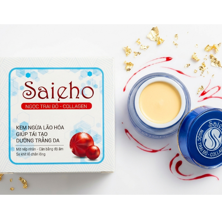 Kem Face Saieho (Trắng-Xanh) Ngọc Trai Collagen Dưỡng Ẩm, Giảm Nhăn, Da Sáng Mịn 10g