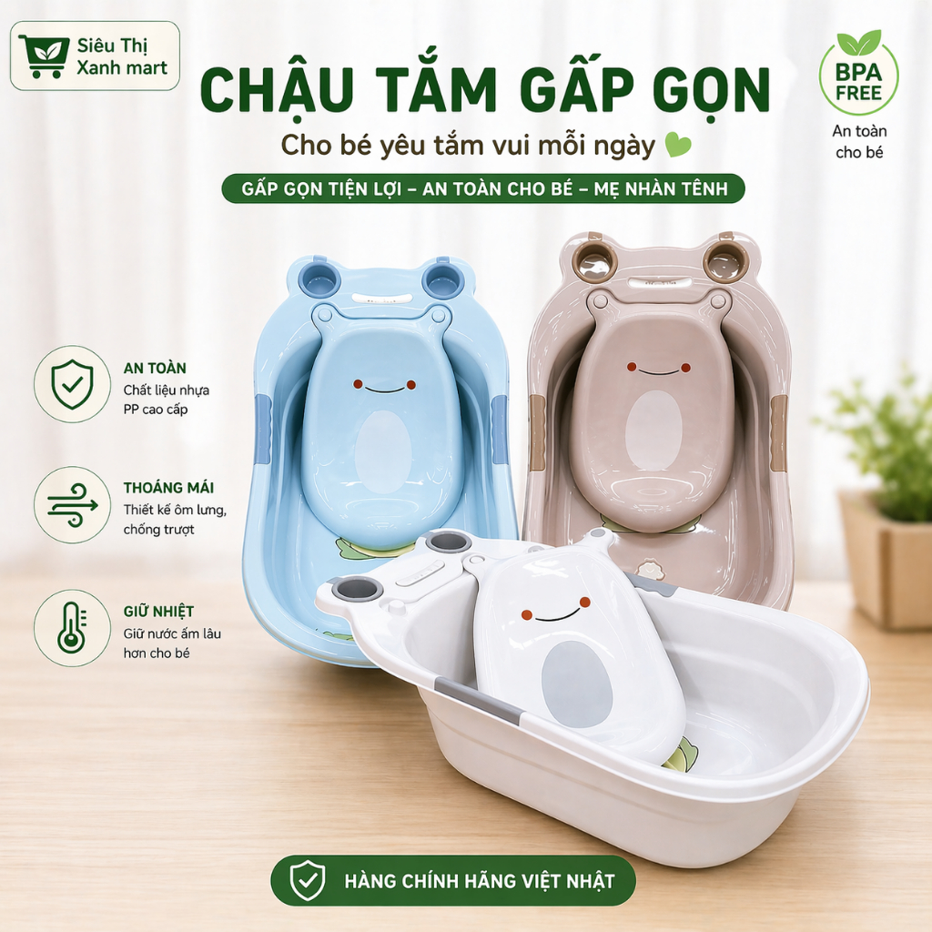 [ SALE LỚN ] Chậu tắm ếch cho bé Hokori  CÓ KÈM CẢ GIÁ ĐỠ TẮM tiện lợi
