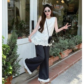 Set bộ nữ vintage Loại 1 thiết kế áo babydoll sát nách mix quần ống suông bi chân bèo tiểu thư siêu xinh