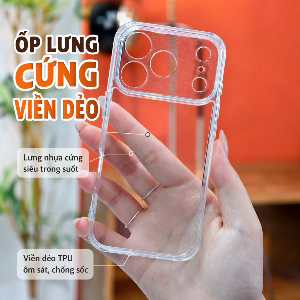 Ốp iPhone KiNGBON Lưng Cứng Viền Dẻo Bảo Vệ Camera Trong Suốt Chống Ố Vàng iP 12 đến 17 PRO MAX