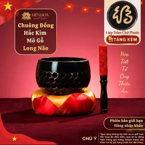 Chuông Đồng Tụng Kinh Chuông Mõ Gỗ Cao Cấp (Bộ Gồm Chuông Đồng, Búa Gõ Bọc Vải , Đệm Lụa Gấm)