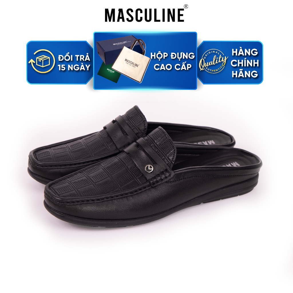 Giày sabo nam MASCULINE GSB604 Da bò mềm đế PU êm chống trượt vân Caro bề mặt nổi sang trọng