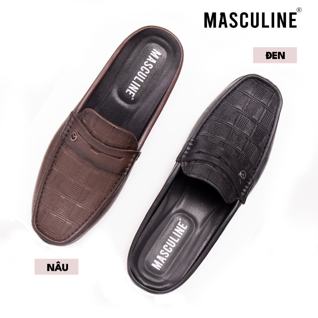 Giày sabo nam MASCULINE GSB604 Da bò mềm đế PU êm chống trượt vân Caro bề mặt nổi sang trọng
