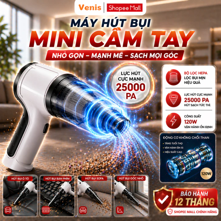 Máy Hút Bụi Cầm Tay Không Dây 25000Pa 120W, Lực Hút Mạnh Bộ Lọc HEPA Dùng Cho Ô Tô Nhà Cửa