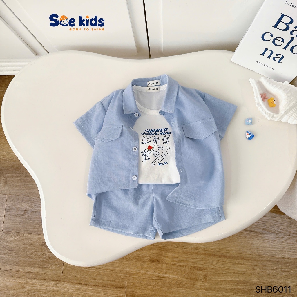 Set áo ba lỗ phối sơ mi và quần short, set bộ sơ mi 3 chi tiết bé trai (áo ba lỗ, sơ mi, quần)