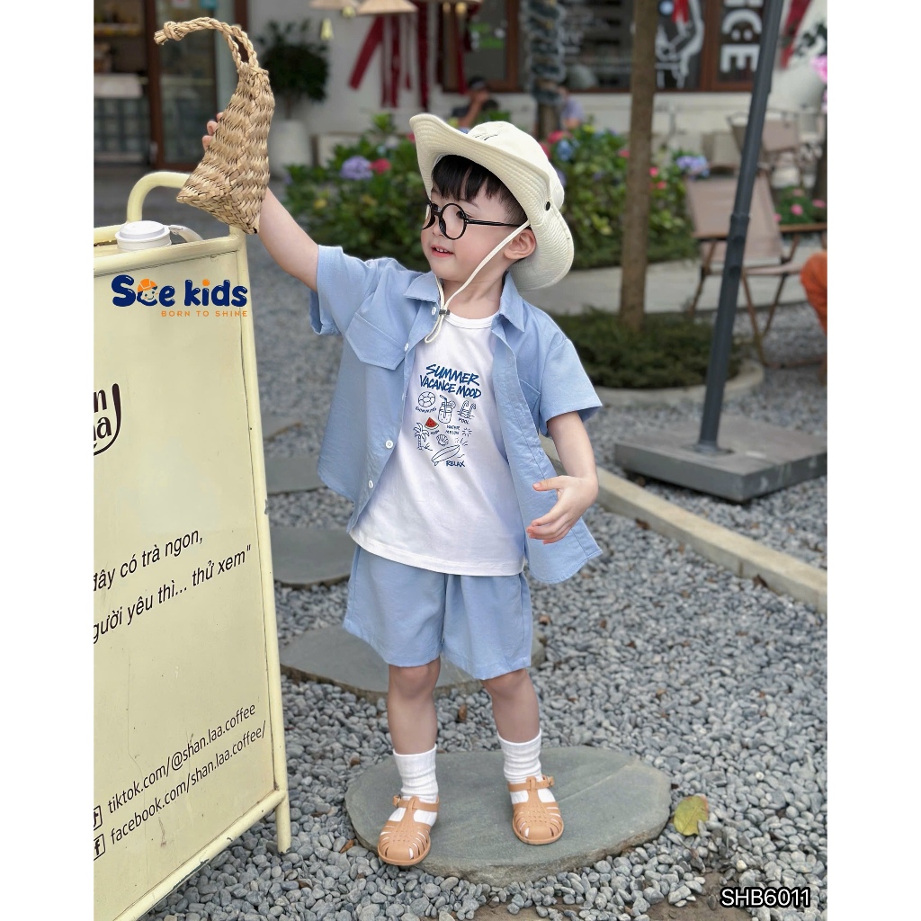 Set áo ba lỗ phối sơ mi và quần short, set bộ sơ mi 3 chi tiết bé trai (áo ba lỗ, sơ mi, quần)