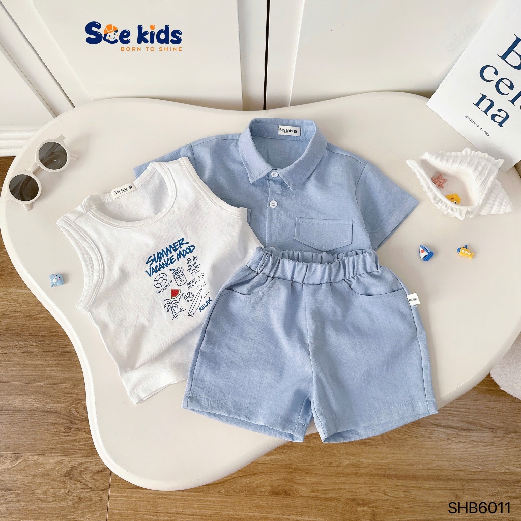 Set áo ba lỗ phối sơ mi và quần short, set bộ sơ mi 3 chi tiết bé trai (áo ba lỗ, sơ mi, quần)