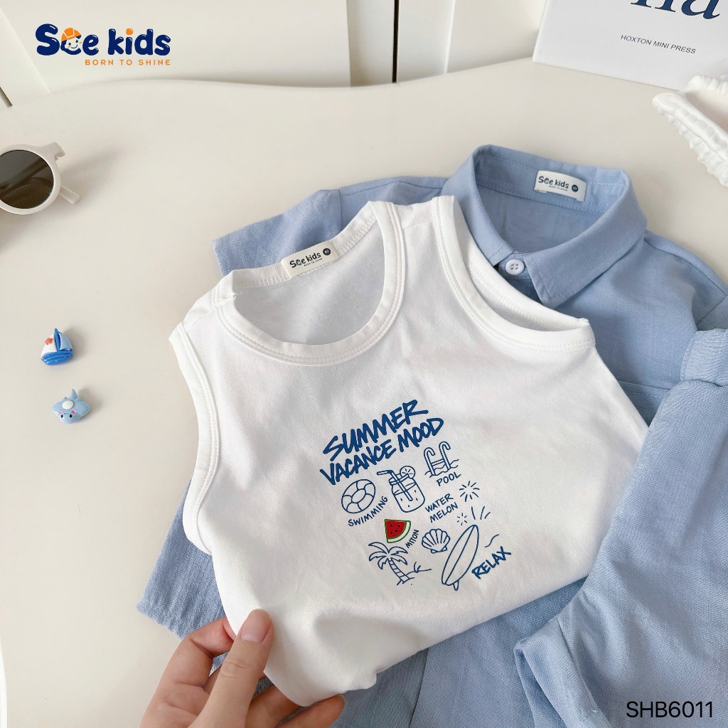Set áo ba lỗ phối sơ mi và quần short, set bộ sơ mi 3 chi tiết bé trai (áo ba lỗ, sơ mi, quần)