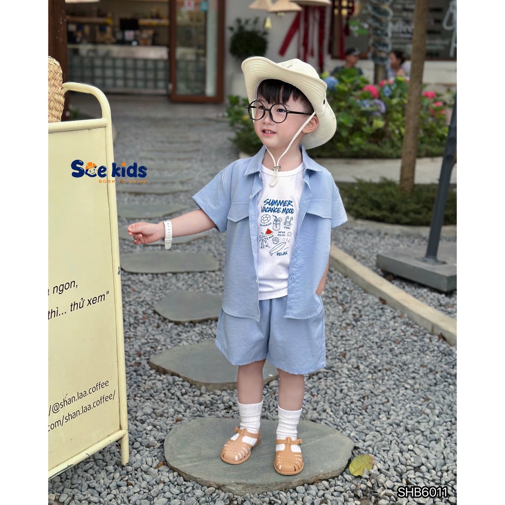 Set áo ba lỗ phối sơ mi và quần short, set bộ sơ mi 3 chi tiết bé trai (áo ba lỗ, sơ mi, quần)
