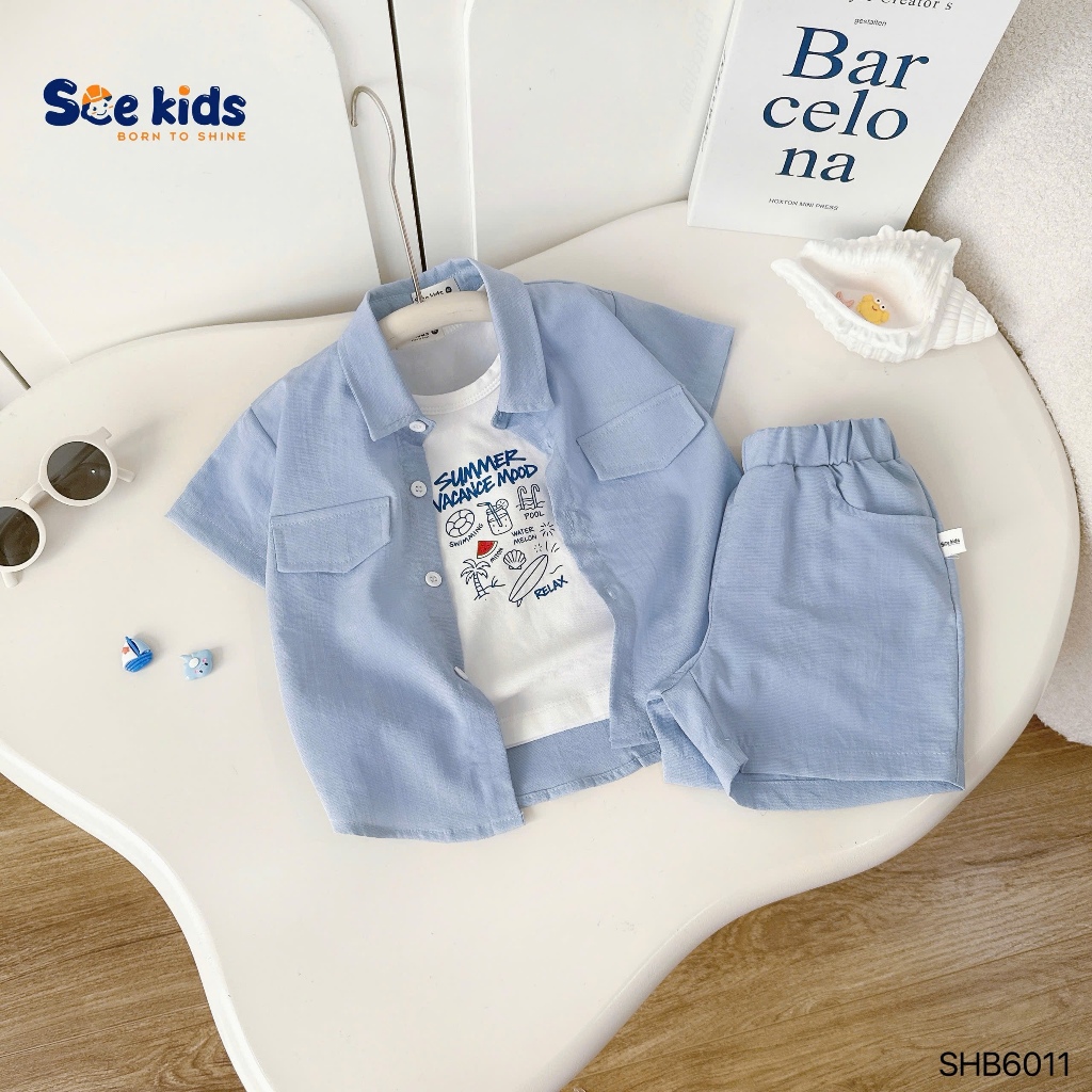 Set áo ba lỗ phối sơ mi và quần short, set bộ sơ mi 3 chi tiết bé trai (áo ba lỗ, sơ mi, quần)