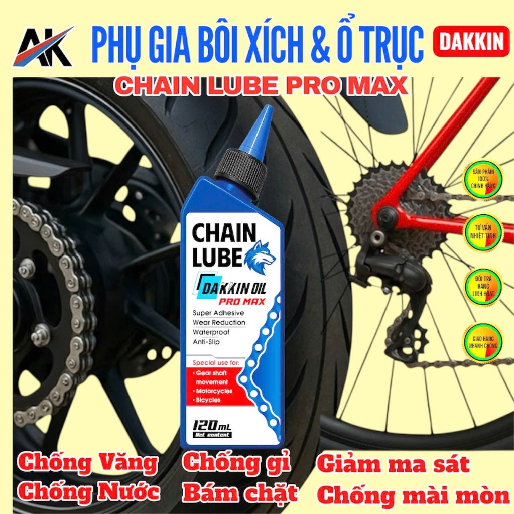 Phụ Gia Bôi Xích DAKKIN PRO MAX Đầu Sói Xanh 120ml – Chain Lube Chống Nước, Chống Gỉ, Bảo Vệ Xích L2