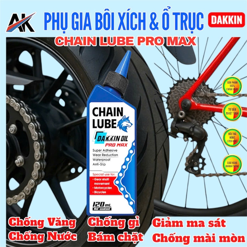 Phụ Gia Bôi Xích DAKKIN PRO MAX Đầu Sói Xanh 120ml – Chain Lube Chống Nước, Chống Gỉ, Bảo Vệ Xích L2