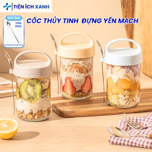 Bình thủy tinh đựng ngũ cốc, lọ đựng yến mạch, sữa chua kèm nắp đậy và thìa dung tích 430ml an toàn tuyệt đối