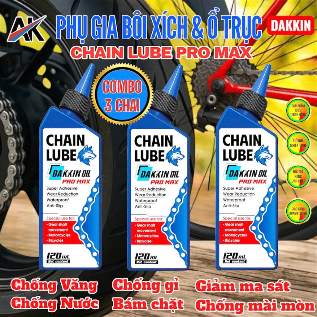 3 Chai Phụ Gia Bôi Xích DAKKIN PRO MAX Đầu Sói Xanh 120ml – Chain Lube Chống Văng, Bám Lâu, Bảo Vệ Xích Xe Máy L2
