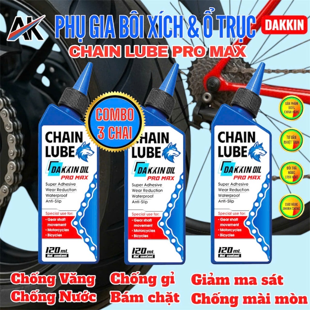 3 Chai Phụ Gia Bôi Xích DAKKIN PRO MAX Đầu Sói Xanh 120ml – Chain Lube Chống Văng, Bám Lâu, Bảo Vệ Xích Xe Máy L2