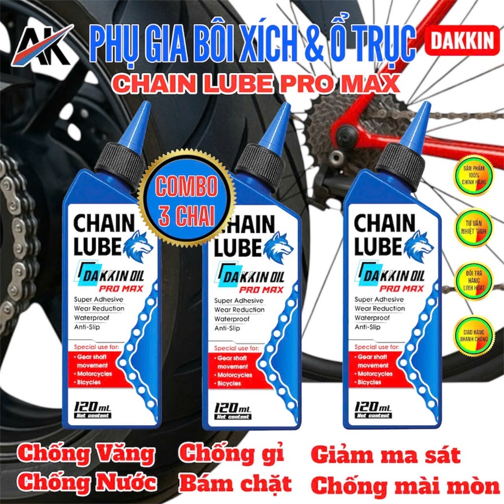 3 Chai Phụ Gia Bôi Xích DAKKIN PRO MAX Đầu Sói Xanh 120ml – Chain Lube Chống Văng, Bám Lâu, Bảo Vệ Xích Xe Máy L2
