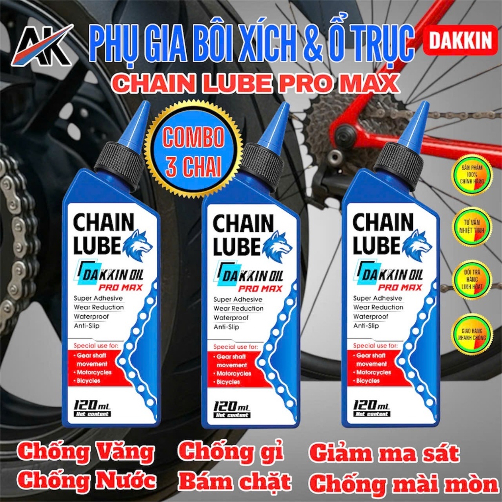 3 Chai Phụ Gia Bôi Xích DAKKIN PRO MAX Đầu Sói Xanh 120ml – Chain Lube Chống Văng, Bám Lâu, Bảo Vệ Xích Xe Máy L2