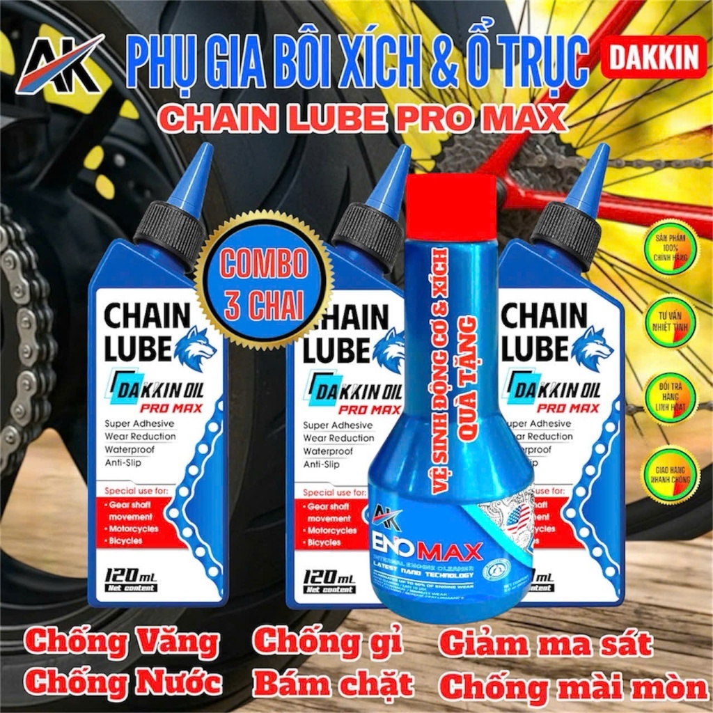 3 Chai Phụ Gia Bôi Xích DAKKIN PRO MAX Đầu Sói Xanh 120ml – Chain Lube Chống Văng, Bám Lâu, Bảo Vệ Xích Xe Máy L2