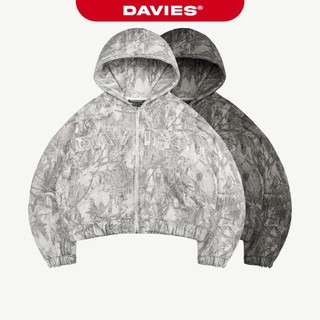Áo hoodie zip nỉ bông họa tiết lá rừng DAVIES hình thêu chữ nổi tay phối viền túi áo rộng đính nút Commando | D-HD5