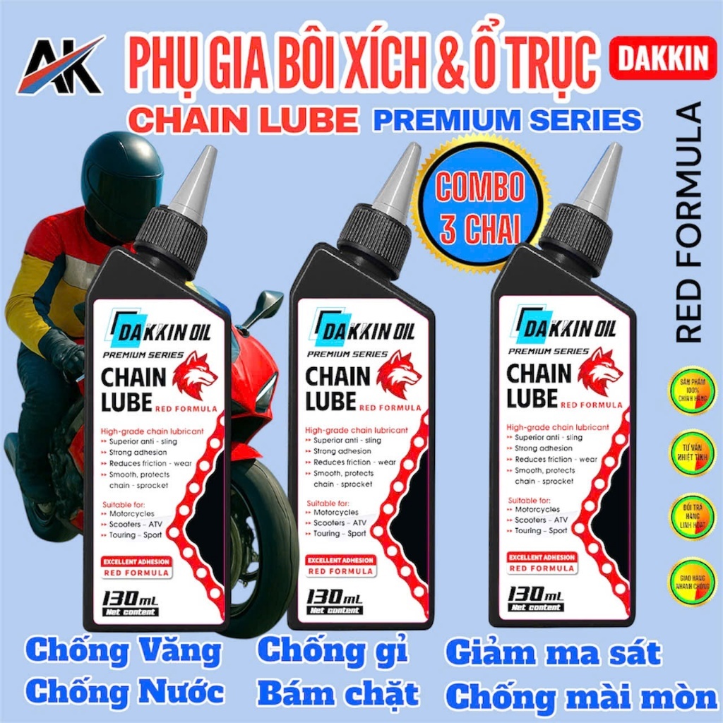 Combo 3 Chai Phụ Gia Bôi Xích DAKKIN PREMIUM Đầu Sói Đỏ 130ml – Chain Lube Chống Văng, Chống Nước, Bảo Vệ Xích Tối Ưu L2