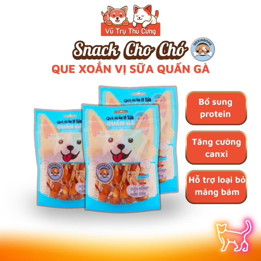 Snack Cho Chó Dexinbone Que Xoắn Vị Sữa Quấn Gà, Bổ Sung Protein, Tăng Cường Canxi, Loại Bỏ Mảng Bám