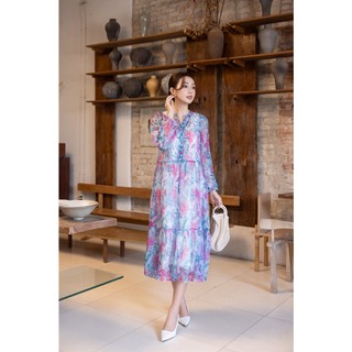 SWANLAKE | Váy Đầm Nữ Maxi Suông Xòe 2 Lớp Cổ Chữ V Cài Nút Tay Dài Vải Tơ In Hoa Đi Biển Hè D12073