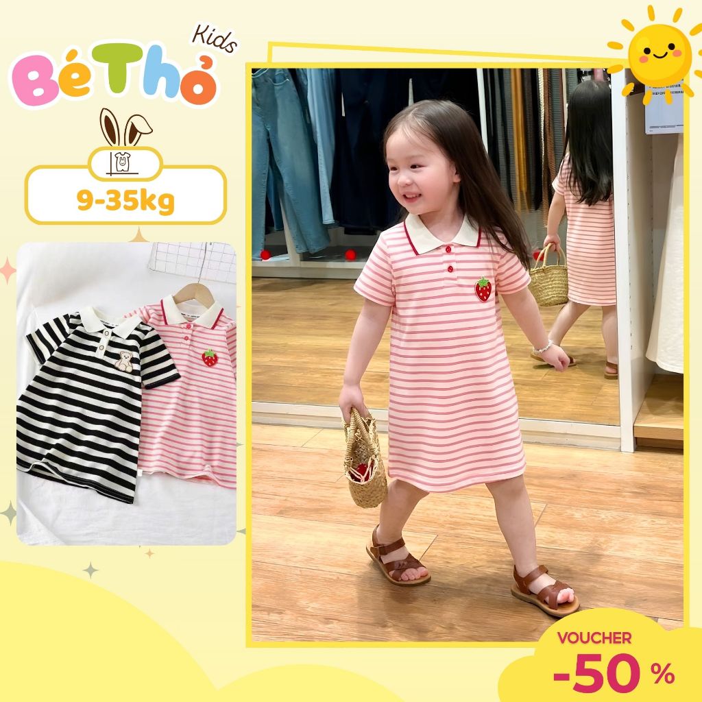 ( COMBO 1 - 2 ) VÁY CỔ BẺ HOẠ TIẾT KẺ CHẤT POLY THÊU GẤU SZ 9- 35 KG VÁY BÉ GÁI MÙA HÈ
