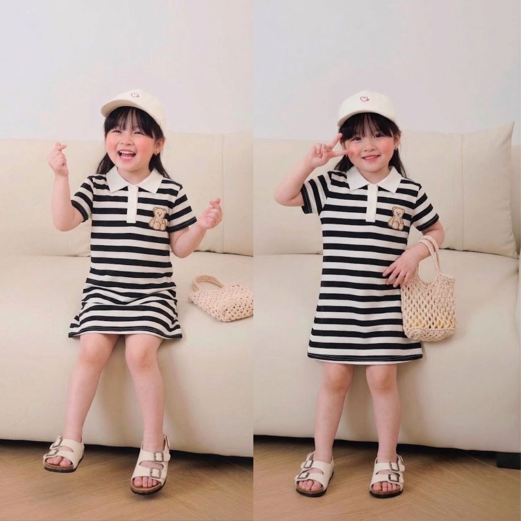 ( COMBO 1 - 2 ) VÁY CỔ BẺ HOẠ TIẾT KẺ CHẤT POLY THÊU GẤU SZ 9- 35 KG VÁY BÉ GÁI MÙA HÈ