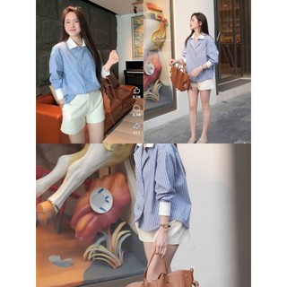 MIMI CLOTHING - set bộ nữ áo sơ mi kẻ sọc phối quần sooc trắng basic