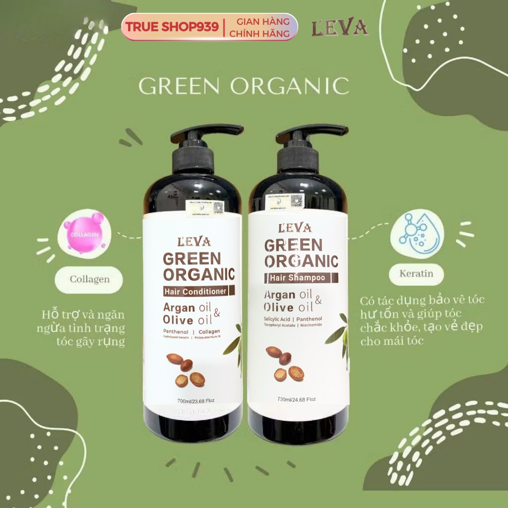 Dầu Gội Xả Leva Green Organic Argan & Olive oil Mượt Tóc Phục Hồi Hương Nước Hoa 730ml