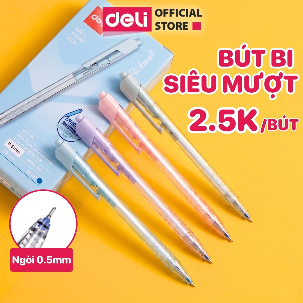 Combo 5/10/20 Bút Bi Deli EQ32 Ngòi 0.5mm Nét Thanh Mảnh Màu Pastel Cho Học Sinh Sinh Viên Văn Phòng