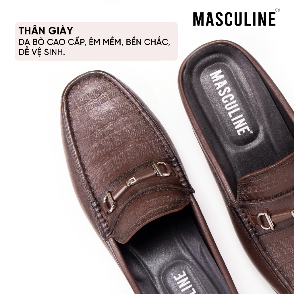 Giày sabo nam MASCULINE GSB605 Da bò mềm đế PU êm kiểu Loafer đai kim loại sang trọng