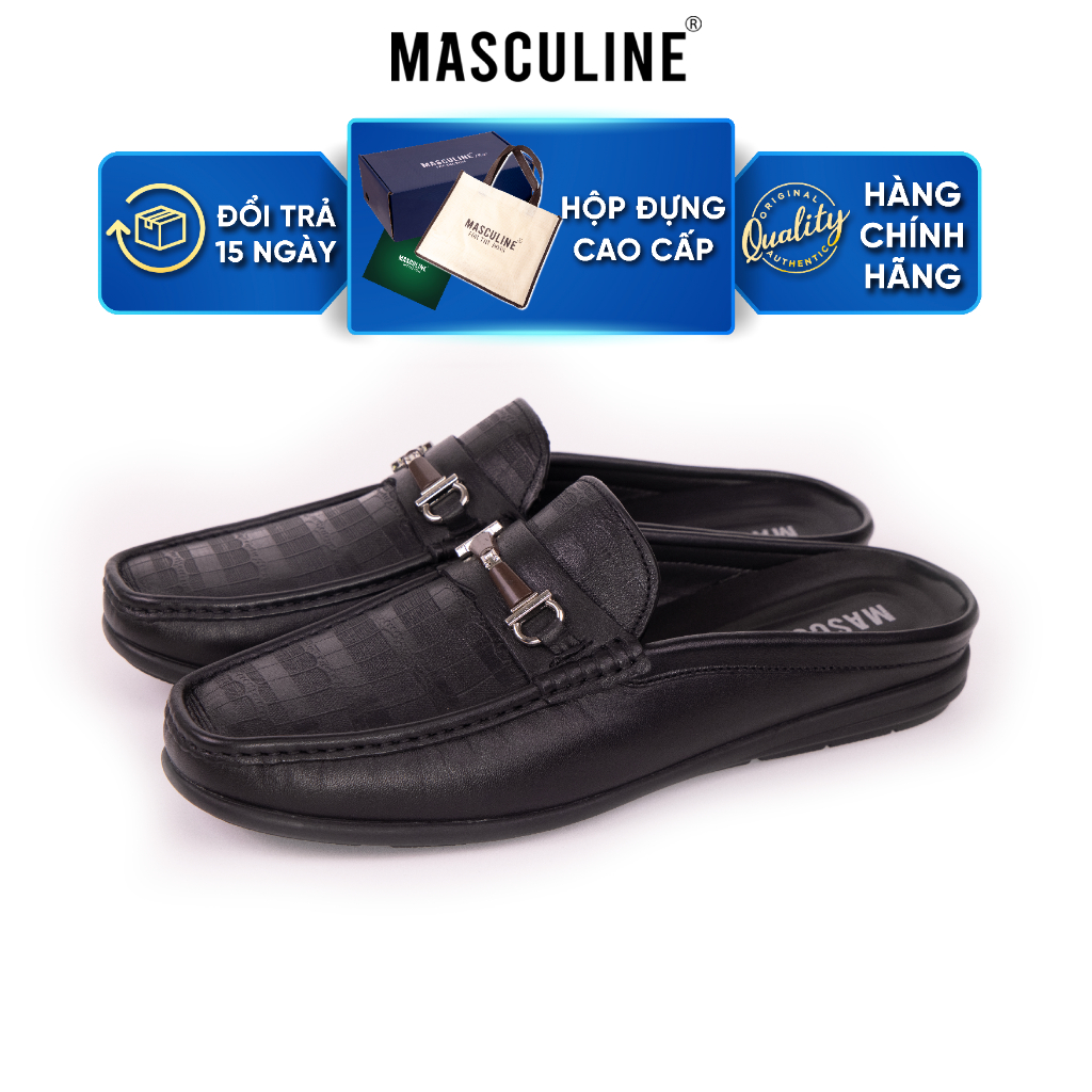 Giày sabo nam MASCULINE GSB605 Da bò mềm đế PU êm kiểu Loafer đai kim loại sang trọng