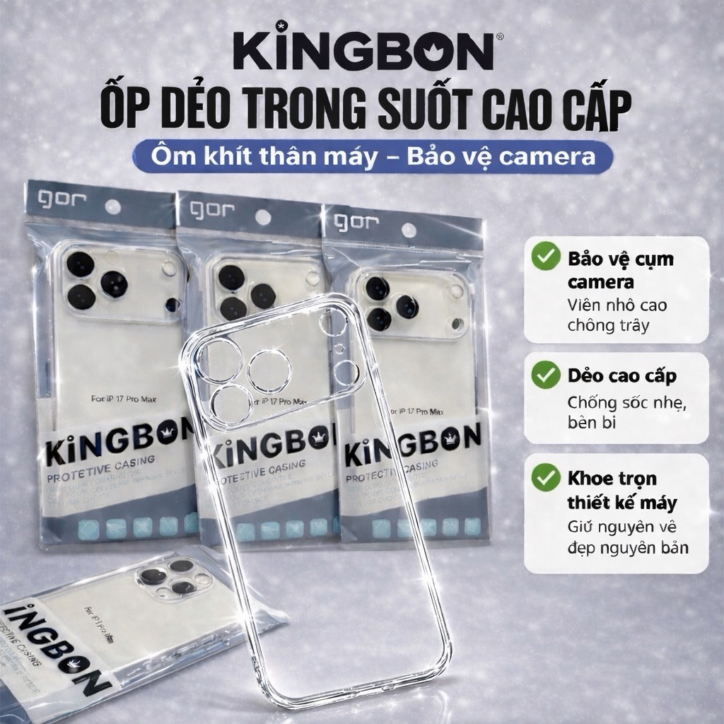 Ốp Lưng KiNGBON Silicon Dẻo Trong Suốt Có Bảo Vệ Camera cho iPhone 11 đến 17 Pro Max