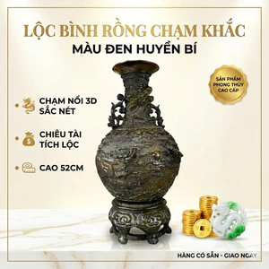 Lộc Bình Đá Đúc 52cm Chạm Rồng Nổi 3D - Màu Đen Quyền Lực - Bình Hoa Phong Thủy Tích Lộc, Trang Trí Phòng Khách Cao Cấp