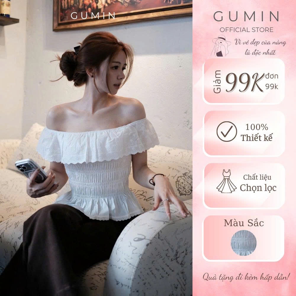 Áo thô trễ vai trắng GUMIN thiết kế áo bo chun phối ren bèo sang chảnh tiểu thư, Áo kiểu nữ thanh lịch sang trọng