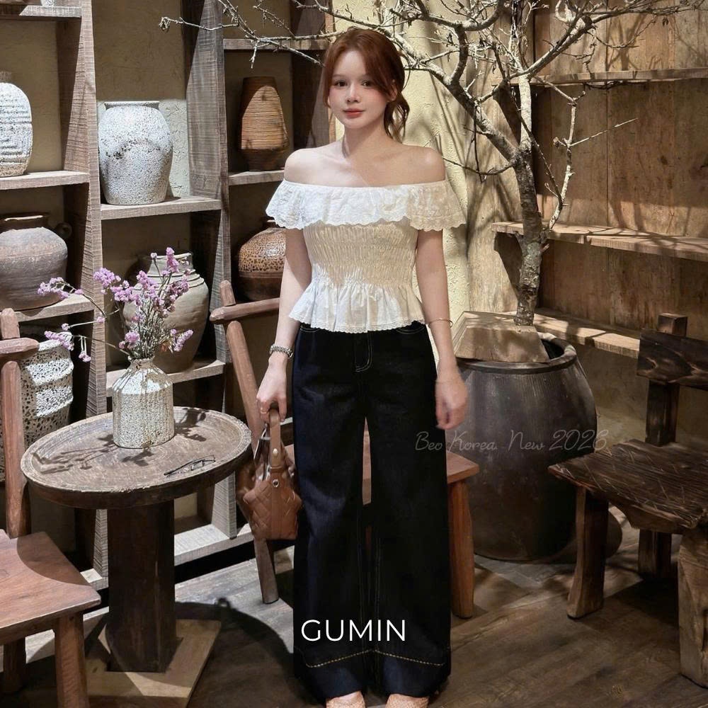 Áo thô trễ vai trắng GUMIN thiết kế áo bo chun phối ren bèo sang chảnh tiểu thư, Áo kiểu nữ thanh lịch sang trọng