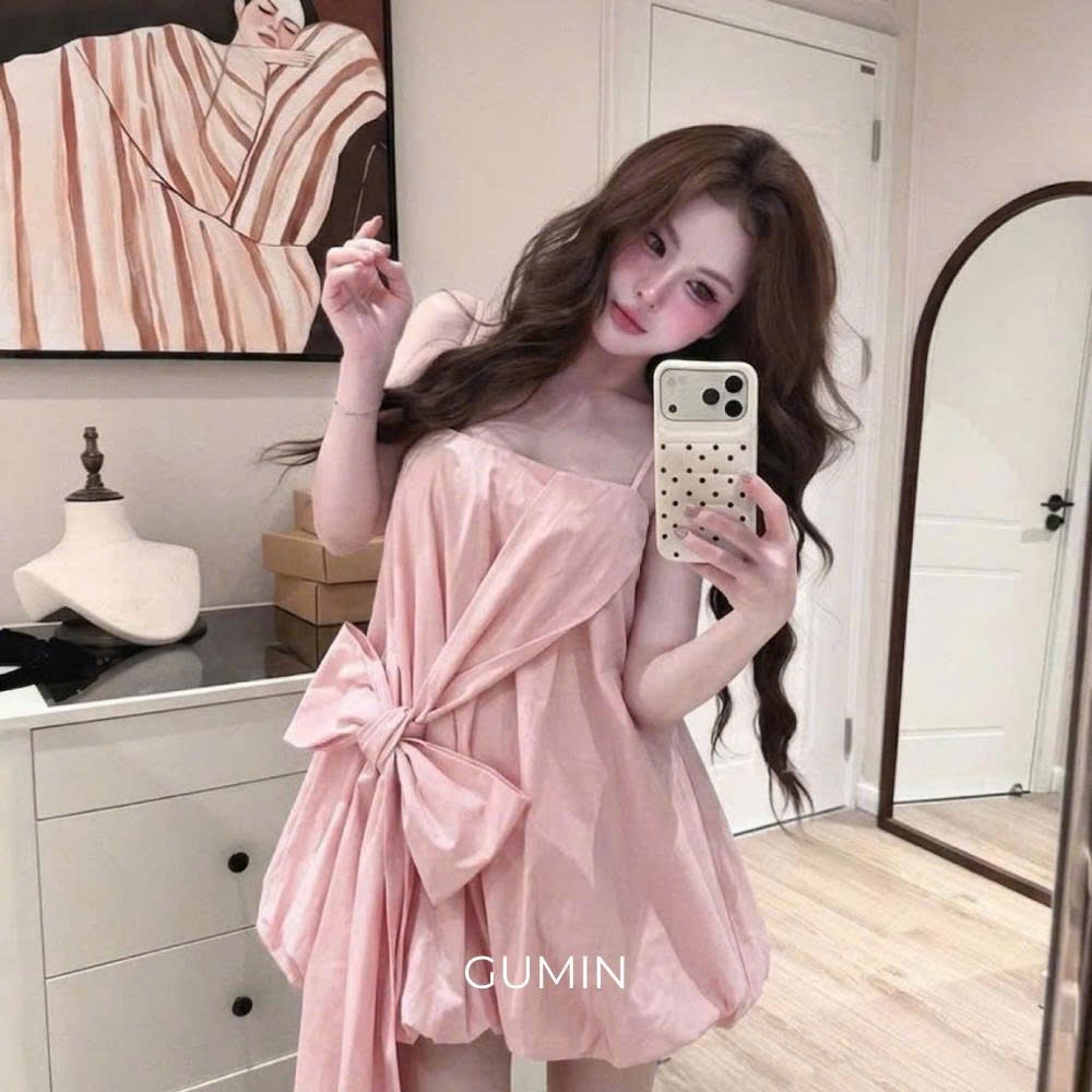 Váy hai dây ngắn GUMIN thiết kế vạt nơ chéo eo dáng bồng bí tiểu thư, Đầm nữ 2 dây tiểu thư sang chảnh