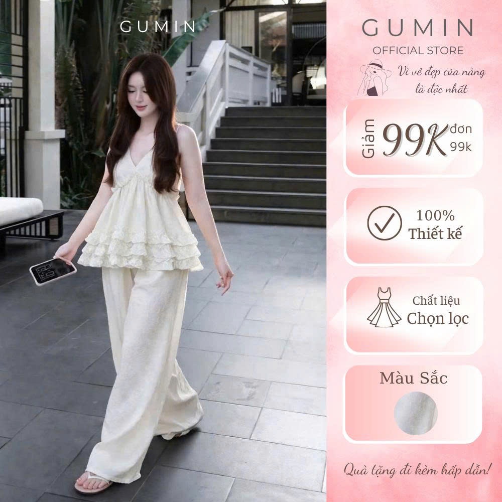 Set bộ đũi hai dây GUMIN thiết kế áo hai dây phối bèo tầng kèm quần suông tiểu thư, Set đồ nữ đi biển sang chảnh cao cấp