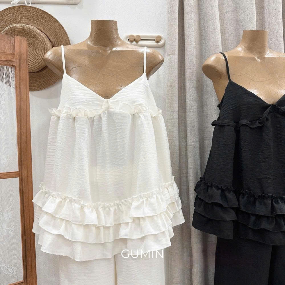 Set bộ đũi hai dây GUMIN thiết kế áo hai dây phối bèo tầng kèm quần suông tiểu thư, Set đồ nữ đi biển sang chảnh cao cấp
