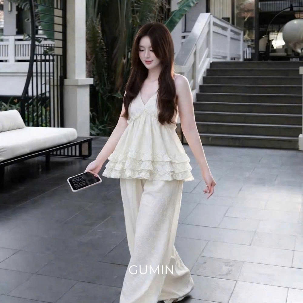 Set bộ đũi hai dây GUMIN thiết kế áo hai dây phối bèo tầng kèm quần suông tiểu thư, Set đồ nữ đi biển sang chảnh cao cấp