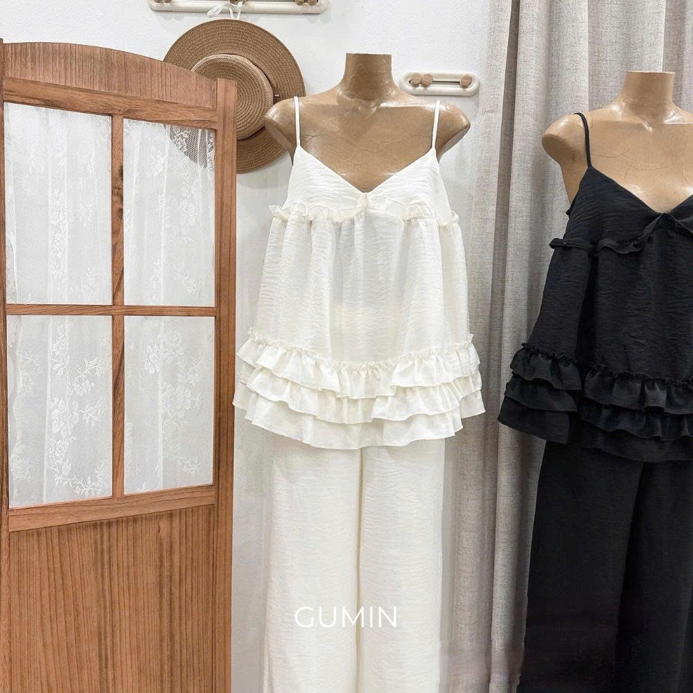 Set bộ đũi hai dây GUMIN thiết kế áo hai dây phối bèo tầng kèm quần suông tiểu thư, Set đồ nữ đi biển sang chảnh cao cấp