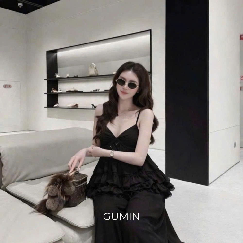 Set bộ đũi hai dây GUMIN thiết kế áo hai dây phối bèo tầng kèm quần suông tiểu thư, Set đồ nữ đi biển sang chảnh cao cấp