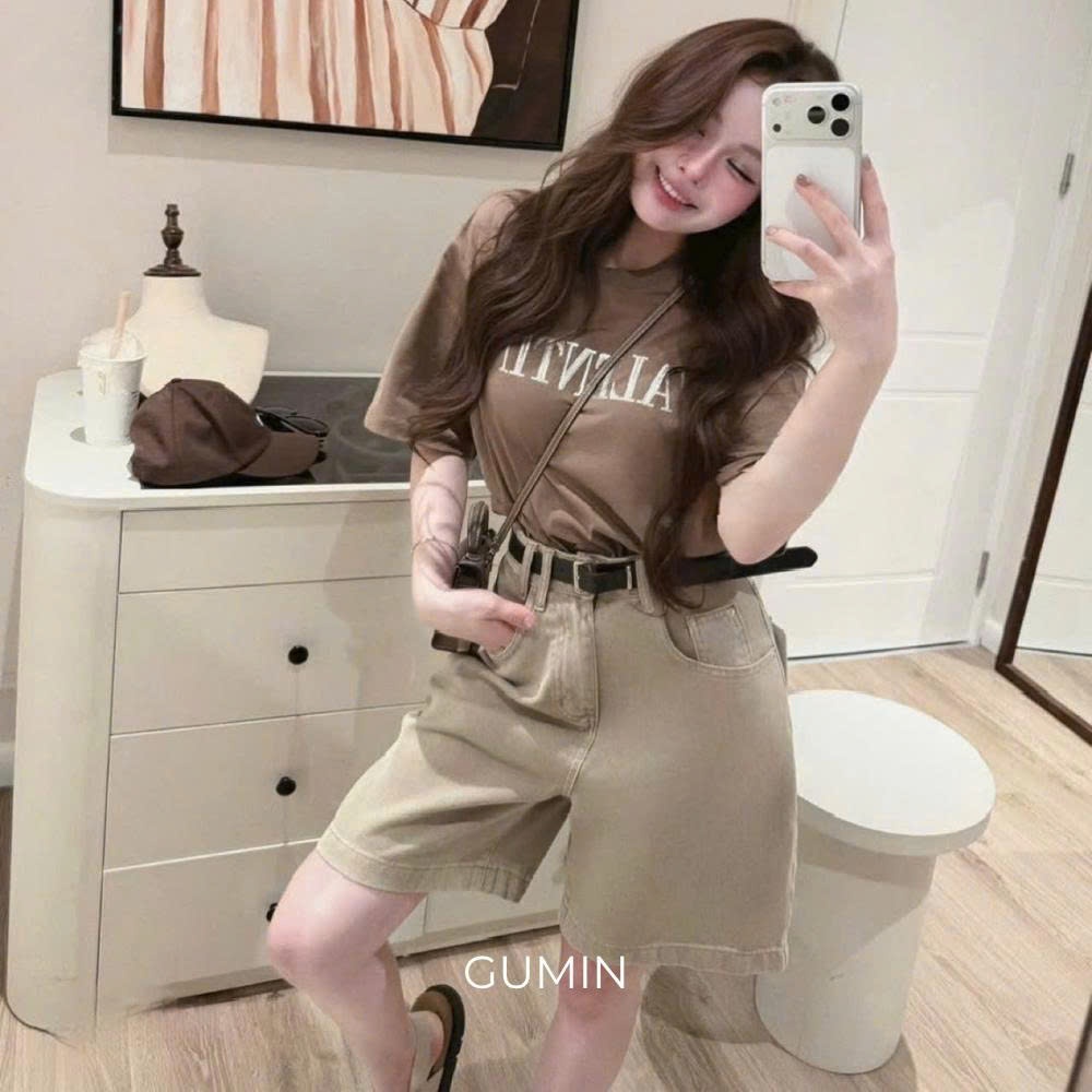 Quần jean be ngố GUMIN thiết kế quần form rộng phong cách basic tiểu thư, Quần ngố bò nữ sang chảnh
